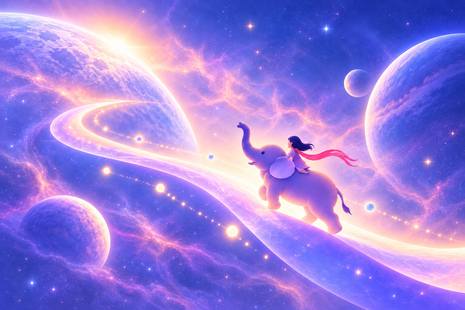 A rider and purple elephant exploring a luminous path among planets and faint nebulae