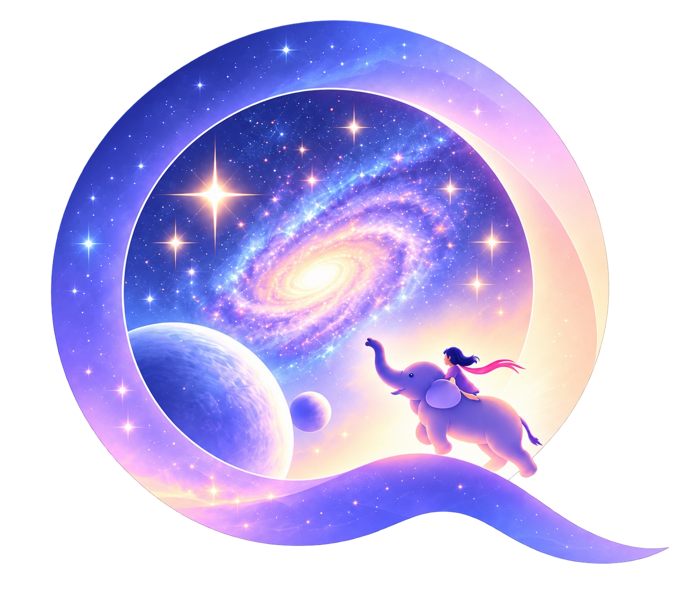 QHow illustrated logo: a rider and elephant exploring space